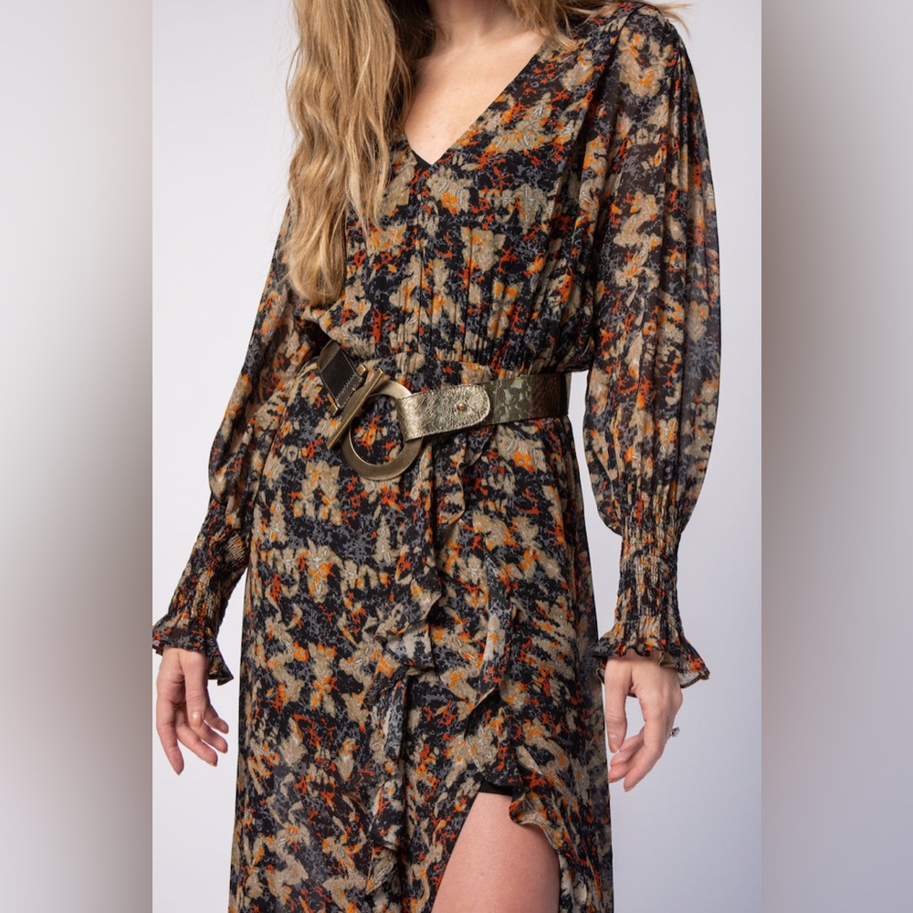 NWT $575 Iro Jorma Ruffled Printed Georgette Midi Dress In Black - Picture 8 of 11